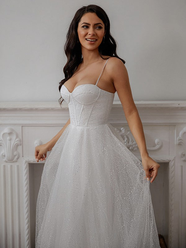 A-Line/Princess Ruffles Spaghetti Straps Sleeveless Court Train Wedding Dresses