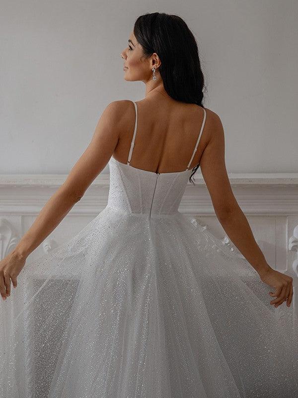 A-Line/Princess Ruffles Spaghetti Straps Sleeveless Court Train Wedding Dresses