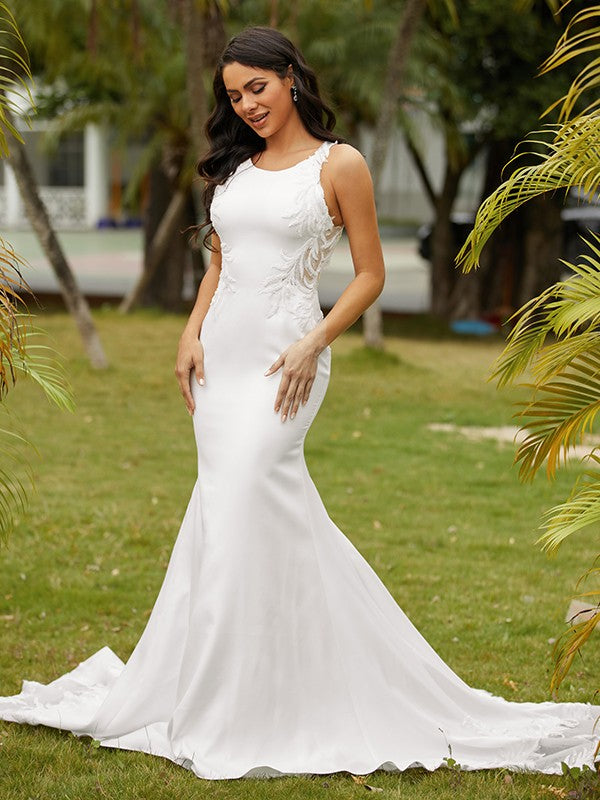Sheath/Column Stretch Crepe Lace Scoop Sleeveless Sweep/Brush Train Wedding Dresses