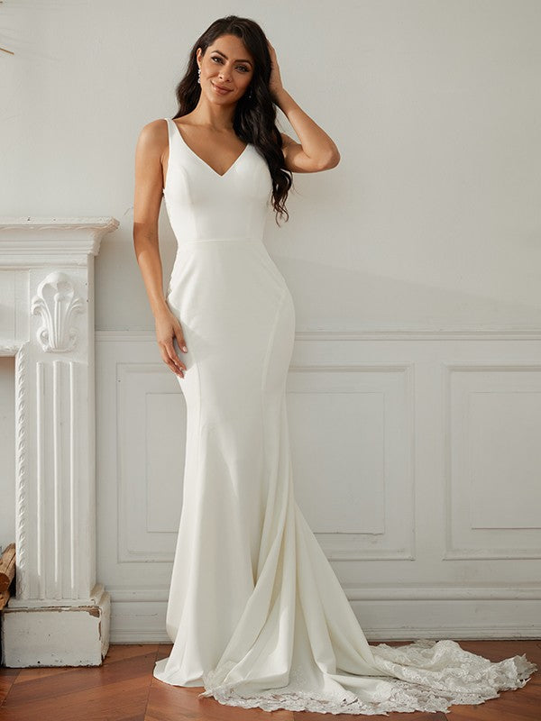 Sheath/Column Stretch Crepe Lace V-neck Sleeveless Sweep/Brush Train Wedding Dresses