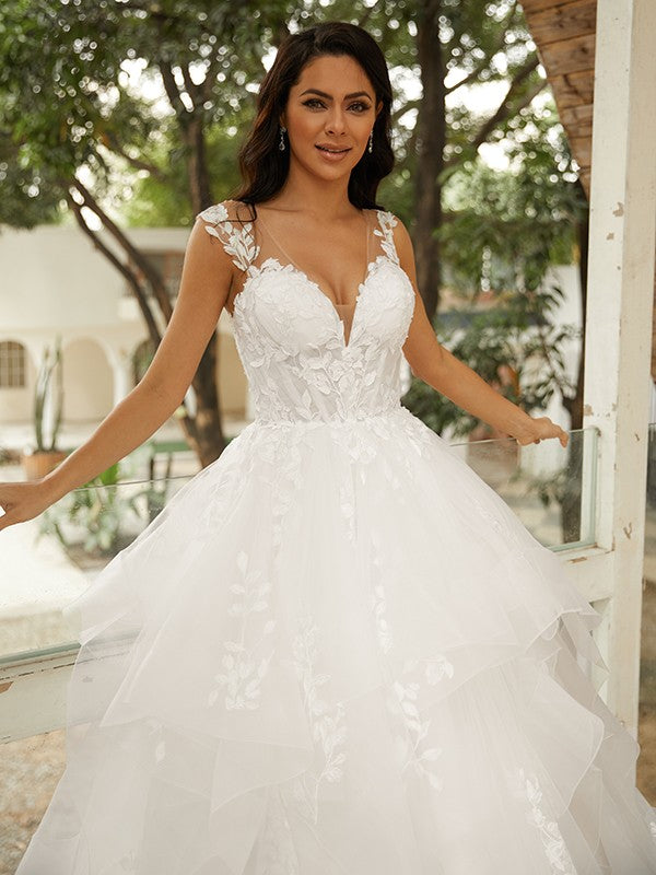 Ball Gown Tulle Applique V-neck Sleeveless Court Train Wedding Dresses