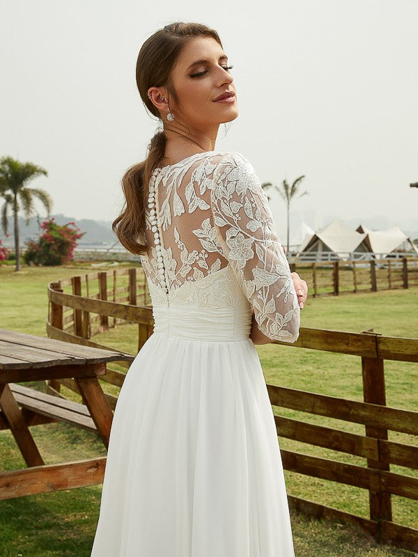 A-Line/Princess Chiffon Lace V-neck 1/2 Sleeves Floor-Length Wedding Dresses