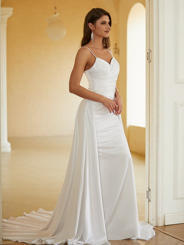 Sheath/Column Charmeuse Ruched V-neck Sleeveless Court Train Wedding Dresses(Detachable Train)