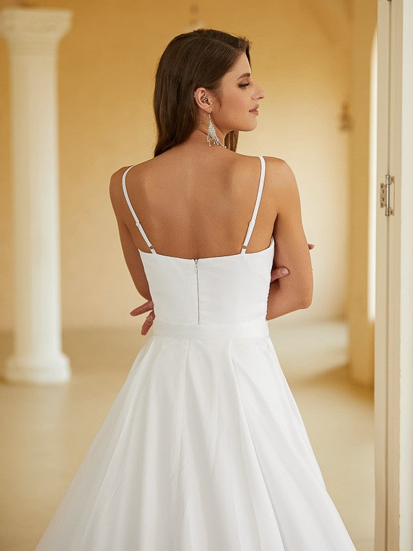 Sheath/Column Charmeuse Ruched V-neck Sleeveless Court Train Wedding Dresses(Detachable Train)