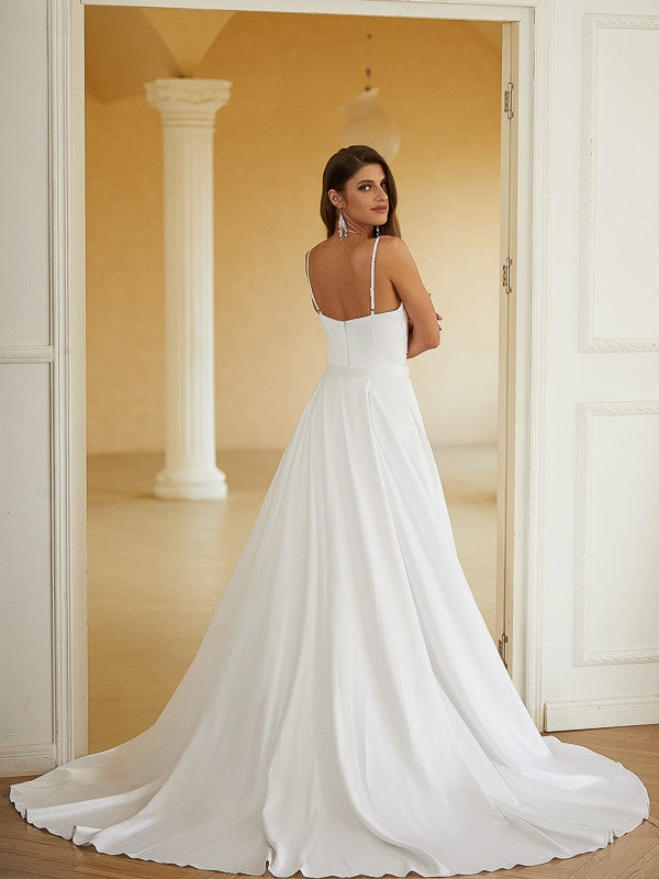 Sheath/Column Charmeuse Ruched V-neck Sleeveless Court Train Wedding Dresses(Detachable Train)