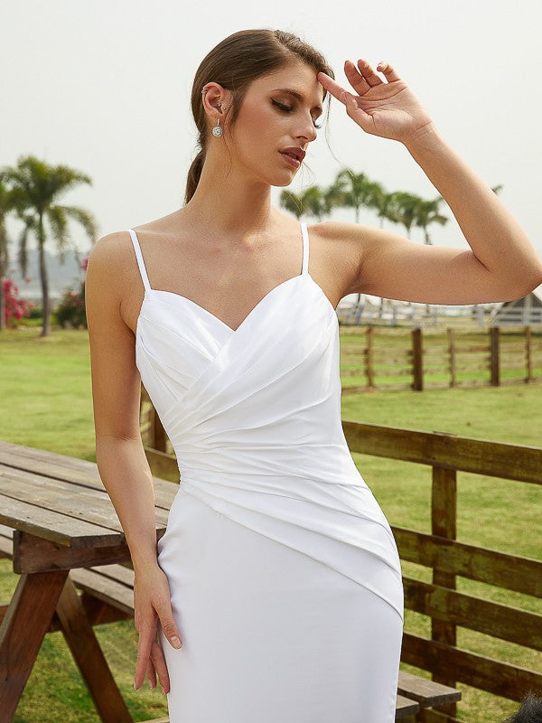 Sheath/Column Charmeuse Ruched V-neck Sleeveless Court Train Wedding Dresses(Detachable Train)