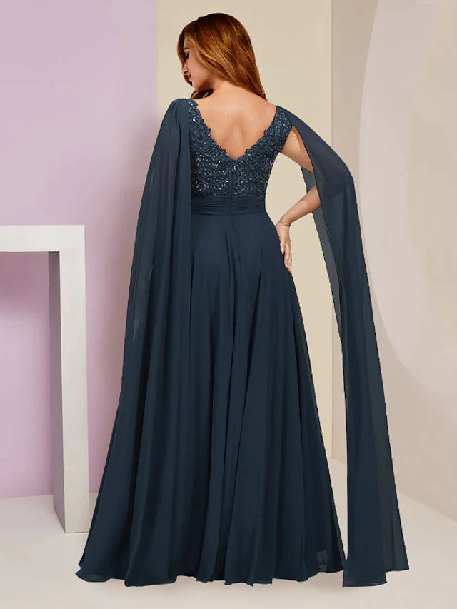 DingjiPlus Size Curve Mother of the Bride Dress Formal Party Elegant V Neck Floor Length Chiffon Lace Sleeveless with Pleats Sequin