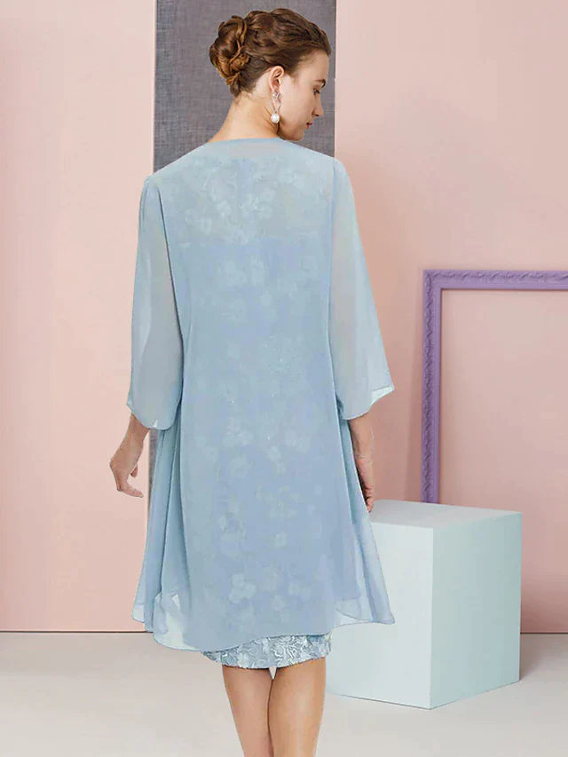 Two Piece Sheath / Column Mother of the Bride Dress Formal Wedding Guest Vintage Elegant Scoop Neck Knee Length Chiffon Lace Sleeveless Jacket Dresses with Appliques