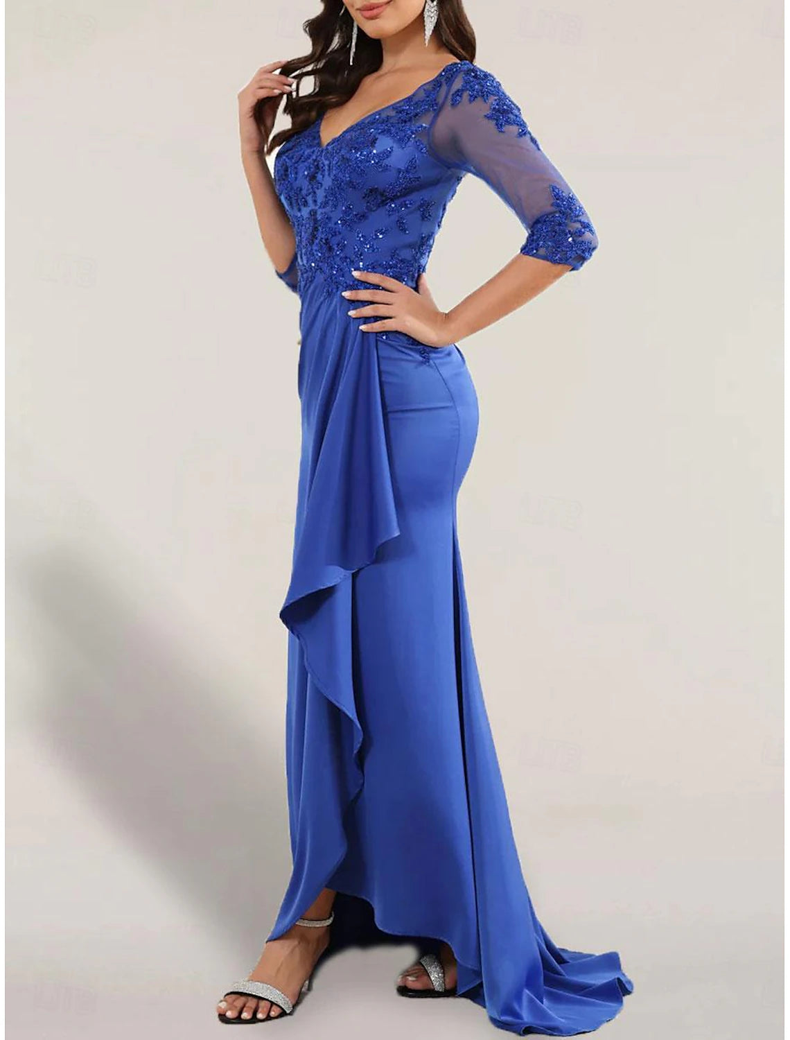 A-Line Evening Gown Party Dress Evening Party Prom Floor Length 3/4 Length Sleeve One Shoulder Satin V Back with Glitter Pleats Sequin