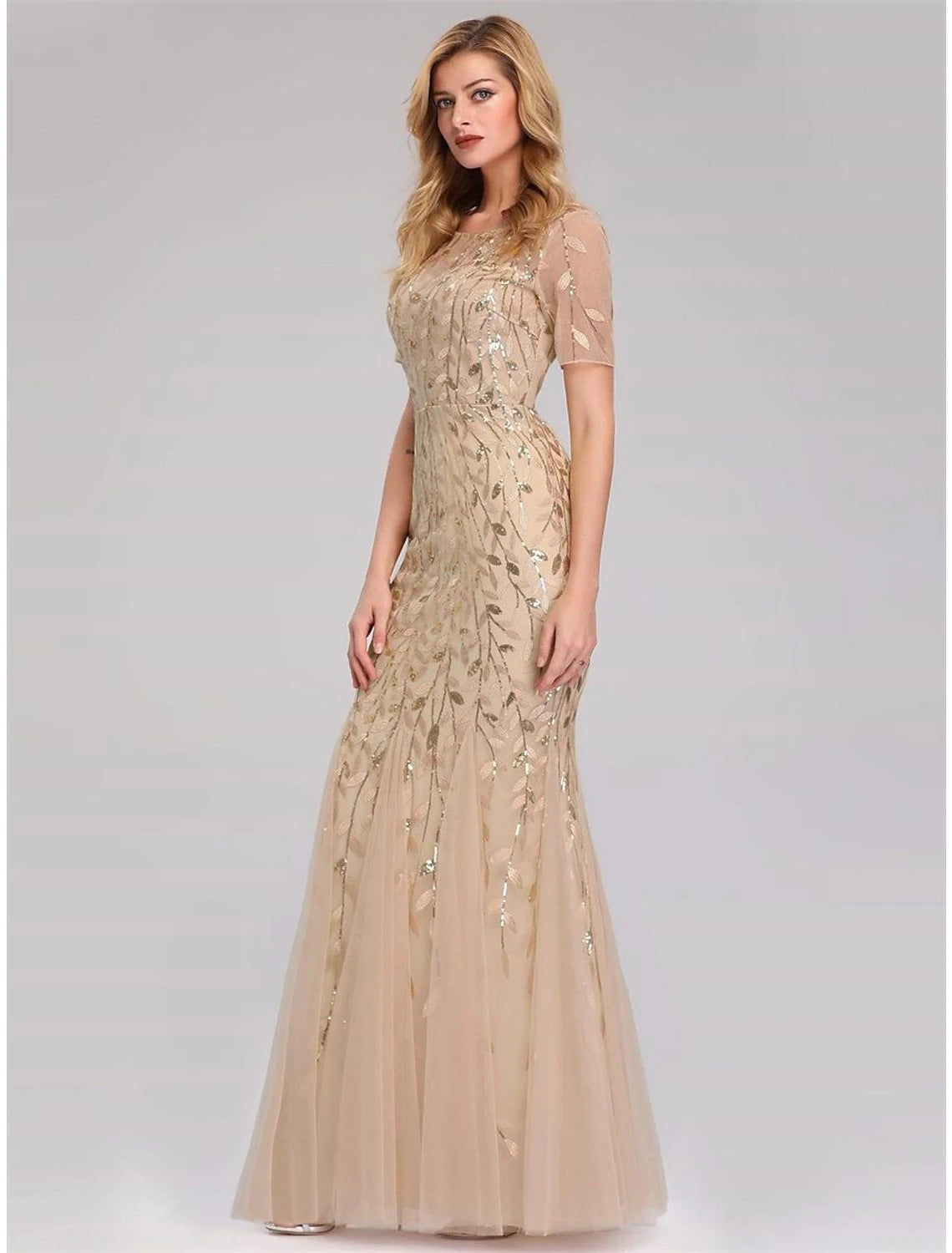 Mermaid / Trumpet Empire Elegant Party Wear Formal Evening Dress Jewel Neck Short Sleeve Floor Length Tulle with Embroidery/ Illusion Sleeve