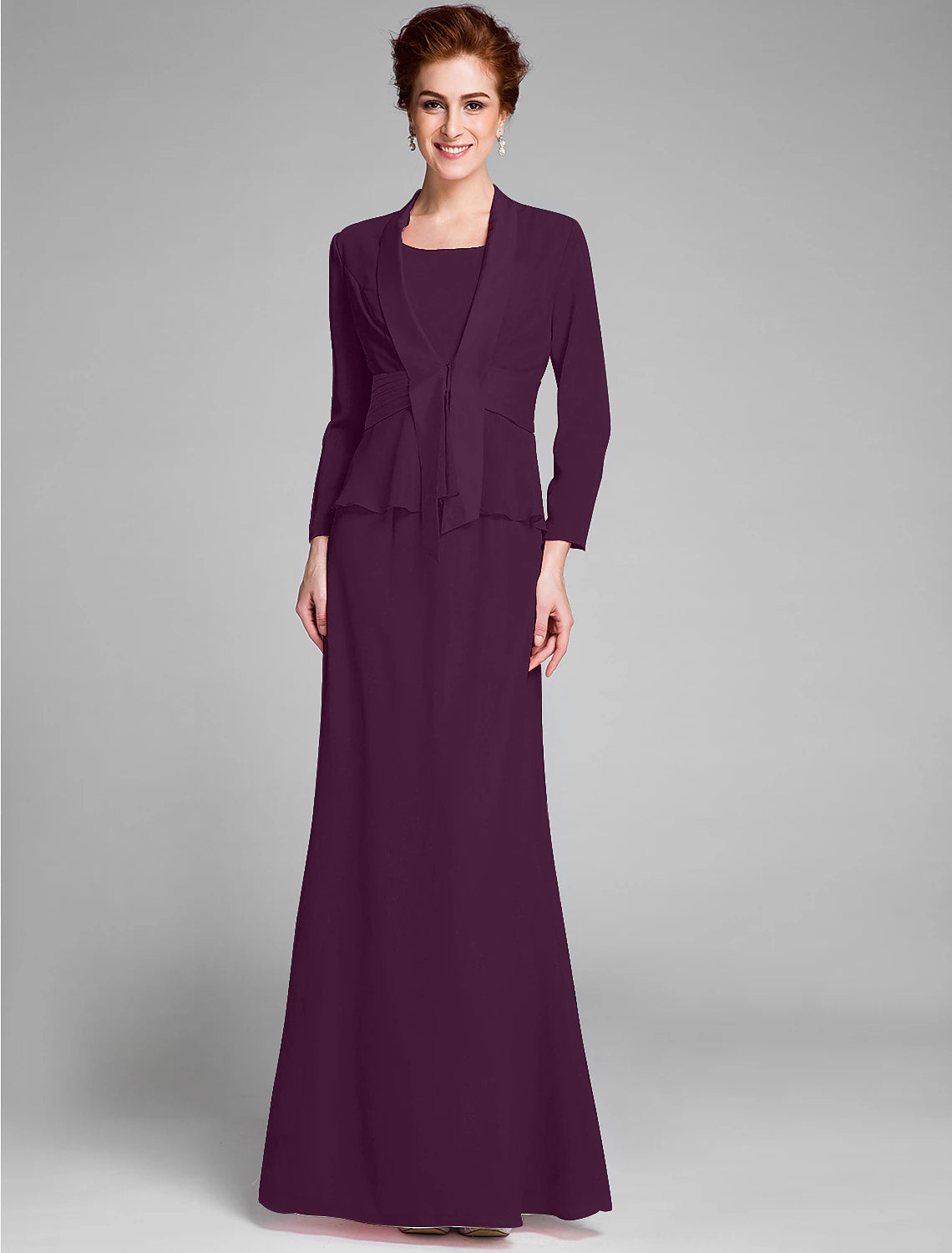 Mermaid / Trumpet Mother of the Bride Dress Convertible Dress Scoop Neck Floor Length Chiffon Long Sleeve Wrap Included with Sash / Ribbon