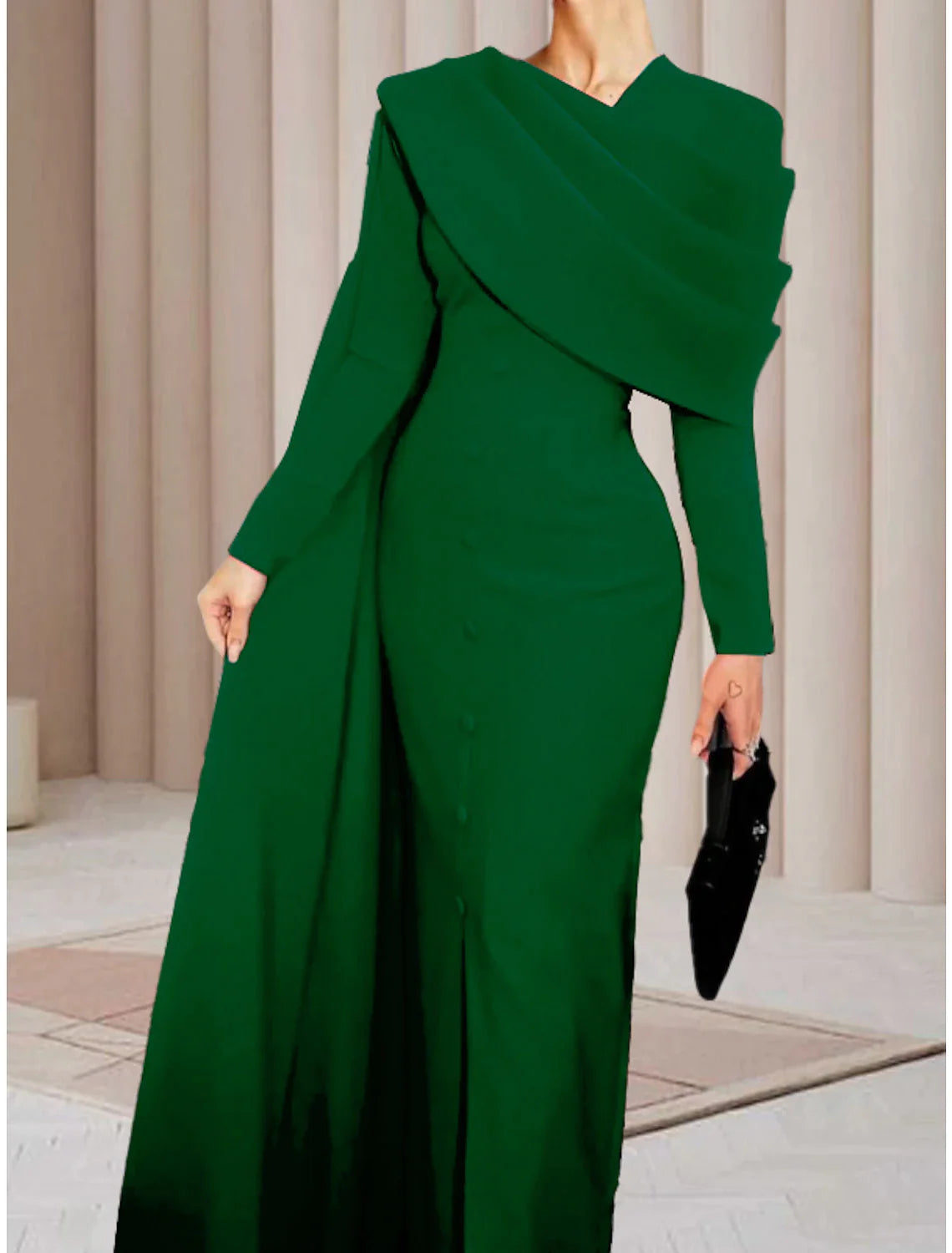 Sheath Red Black Red Green Dress Evening Gown Elegant Cape Dress Formal Fall Sweep / Brush Train Long Sleeve Cowl Neck Stretch Fabric with Buttons Slit