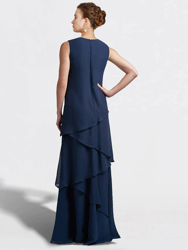 Two Piece A-Line Mother of the Bride Dress Plus Size Elegant V Neck Floor Length Chiffon Sleeveless Wrap Included with Ruffles