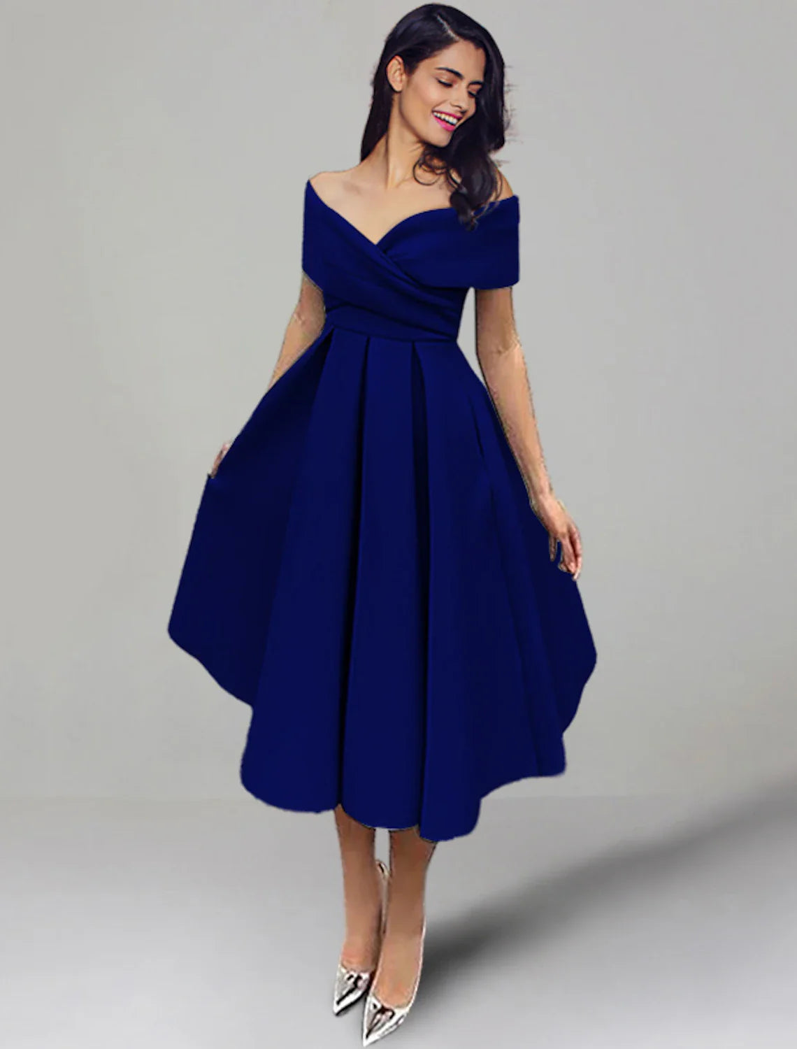 A-Line Wedding Guest Dresses 1950s Dress Summer Tea Length Sleeveless Off Shoulder Satin with Ruched