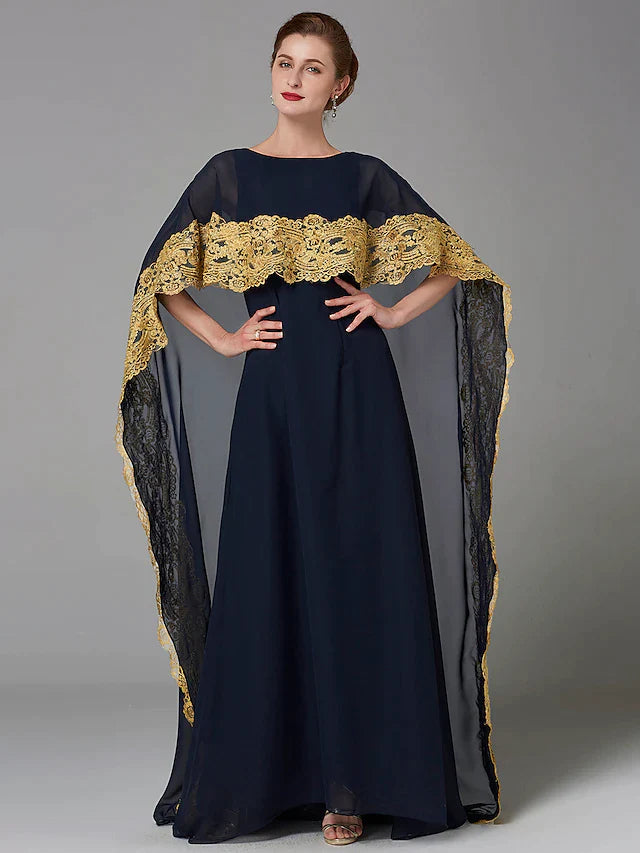 A-Line Mother of the Bride Dress Plus Size Elegant Bateau Neck Sweep / Brush Train Chiffon Sleeveless with Lace