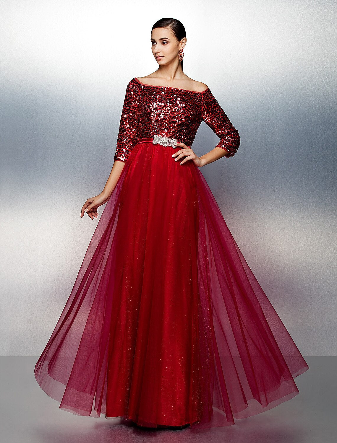 A-Line Bateau Neck / Boat Neck Floor Length Tulle / Sequined Sparkle & Shine / Beaded & Sequin Prom / Formal Evening Dress with Sash / Ribbon / Sequin