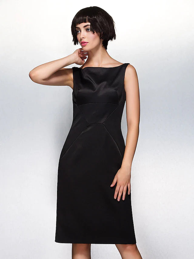 DingjiSheath / Column Party Dress Wedding Guest Knee Length Sleeveless Bateau Neck Satin with Pleats