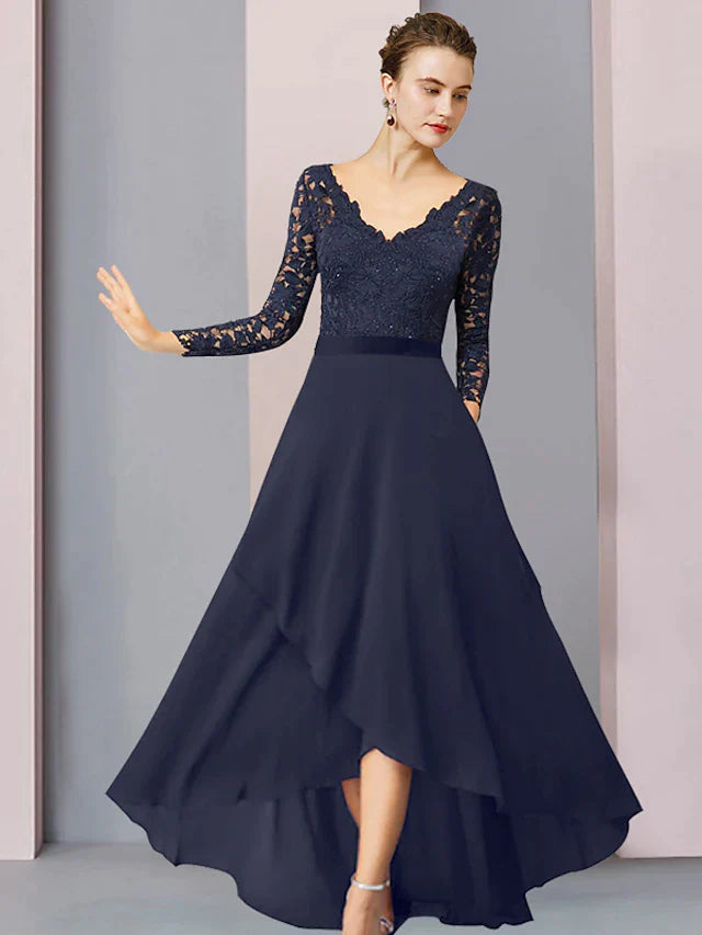 DingjiSheath / Column Mother of the Bride Dress Wedding Guest Vintage Elegant V Neck Asymmetrical Chiffon Lace Long Sleeve with Pleats