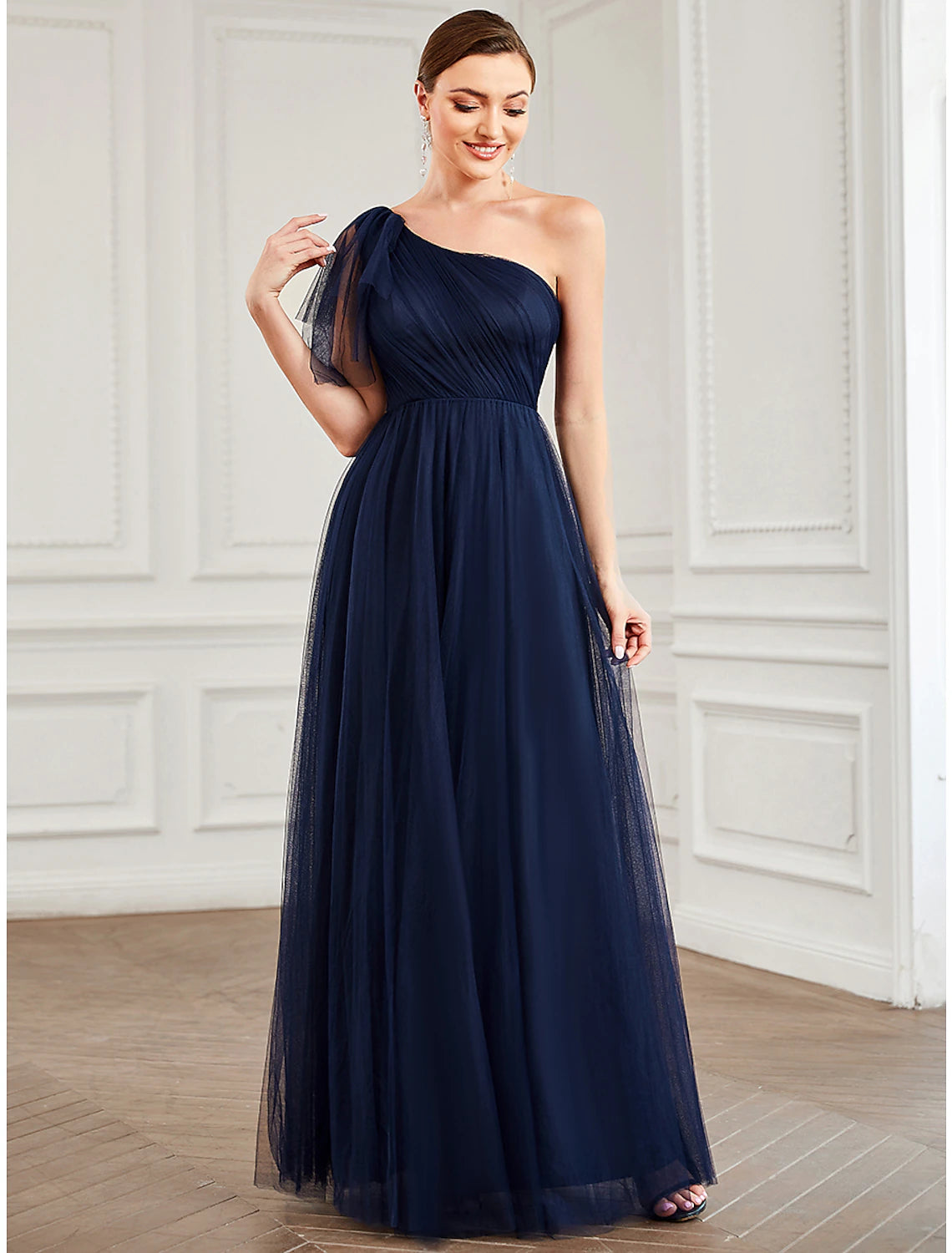 A-Line Party Dresses Minimalist Dress Quinceanera Wedding Guest Floor Length Sleeveless One Shoulder Tulle with Shouder Flower