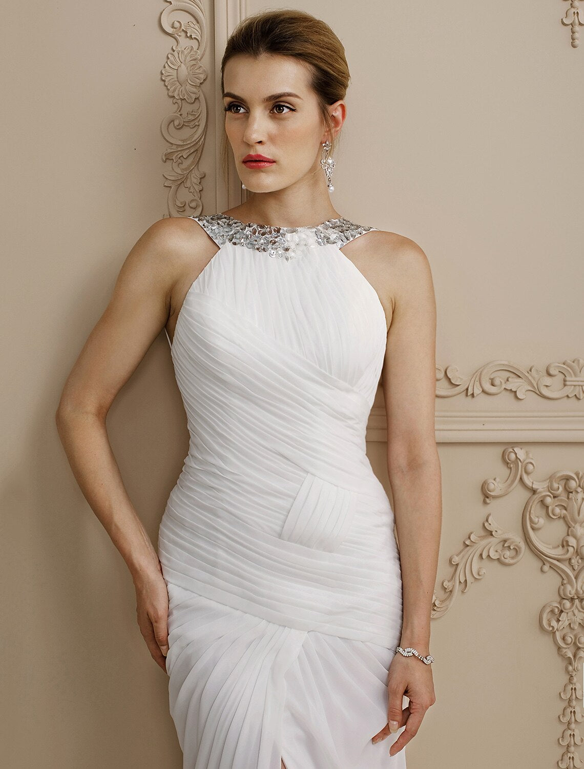 Sheath / Column Jewel Neck Court Train Chiffon Made-To-Measure Wedding Dresses with Split Front / Side-Draped / Open Back