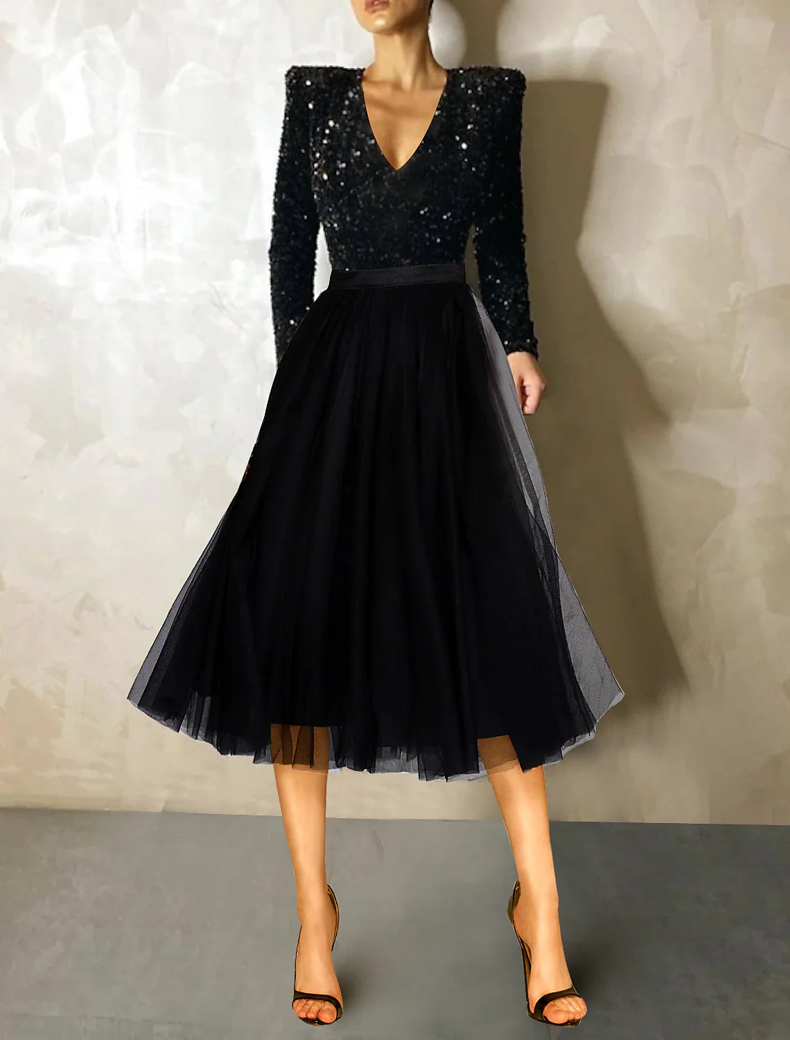 DingjiBall Gown A-Line Cocktail Dresses Vintage Dress Evening Party Cocktail Party Tea Length Long Sleeve Jewel Neck Fall Wedding Guest Tulle with Sequin