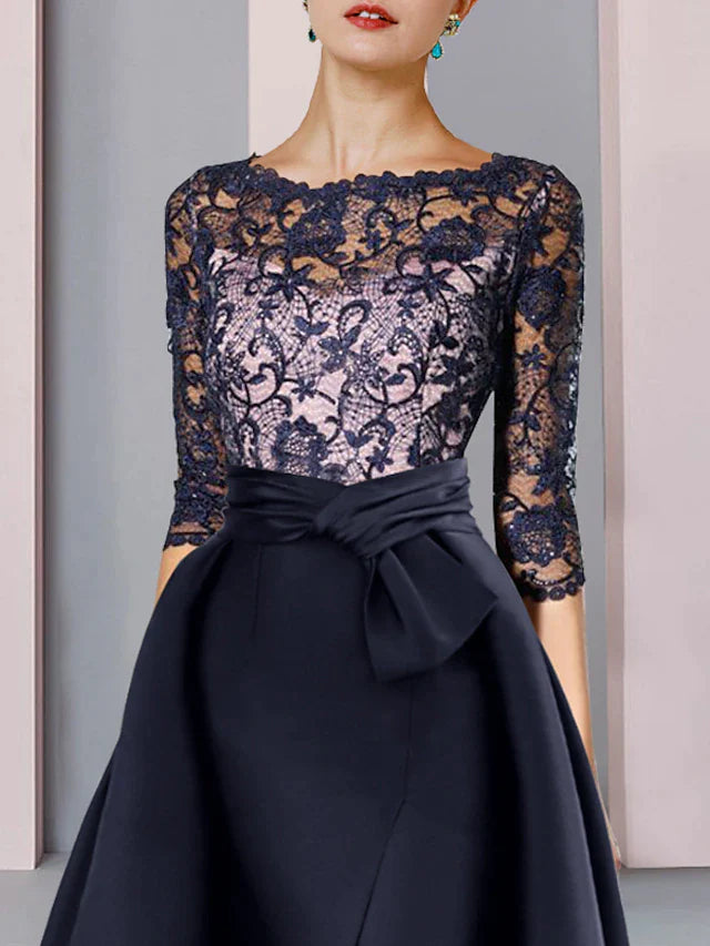 DingjiSheath / Column Mother of the Bride Dress Formal Party Elegant Scoop Neck Sweep / Brush Train Satin Lace Half Sleeve with Bow(s) Split Front