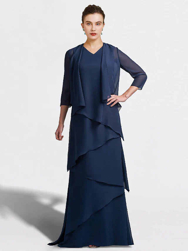 Two Piece A-Line Mother of the Bride Dress Plus Size Elegant V Neck Floor Length Chiffon Sleeveless Wrap Included with Ruffles