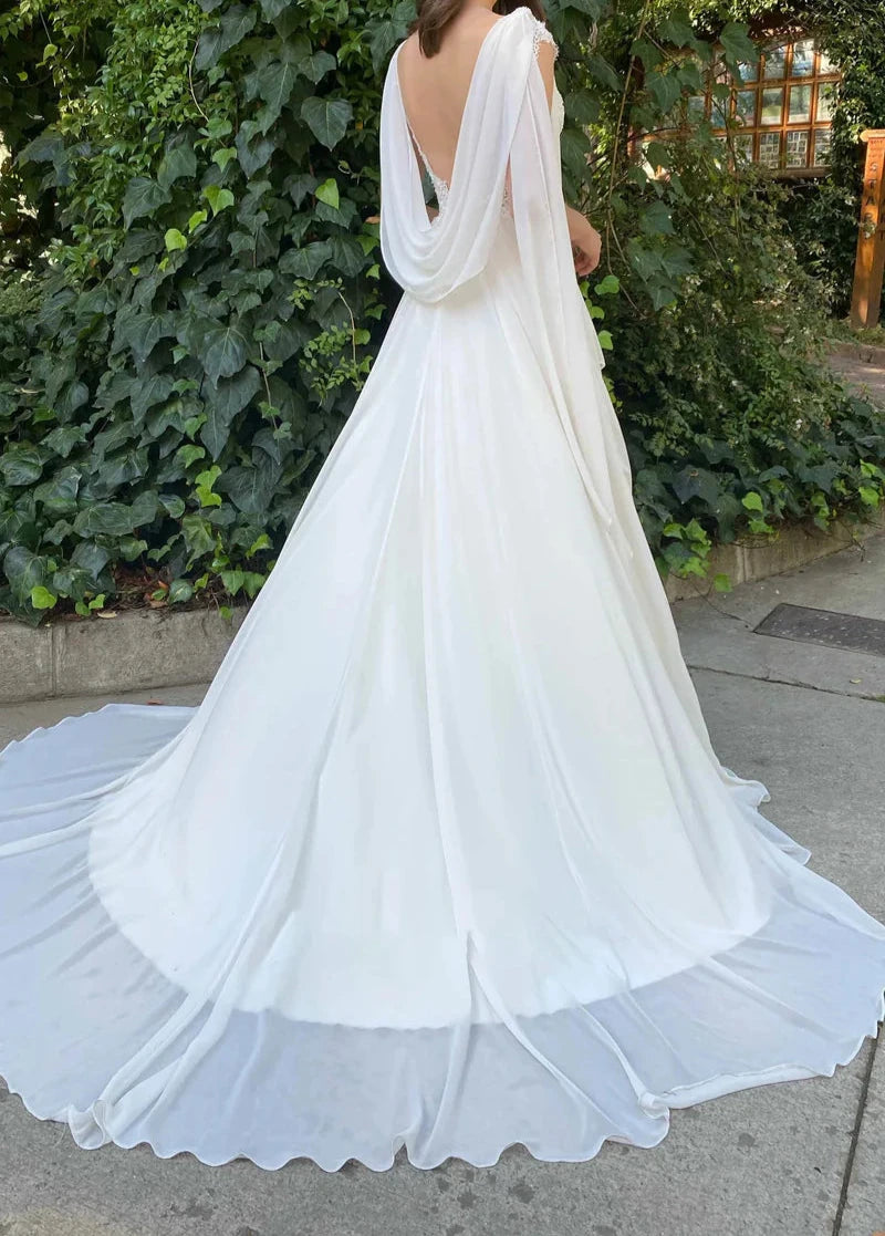 A Line V-neck Chiffon Court Train Wedding Dress with Ruching