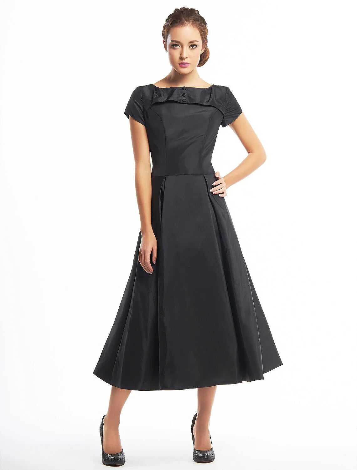 DingjiA-Line Black Dress Vintage Homecoming Wedding Guest Tea Length Short Sleeve Boat Neck Taffeta with Buttons