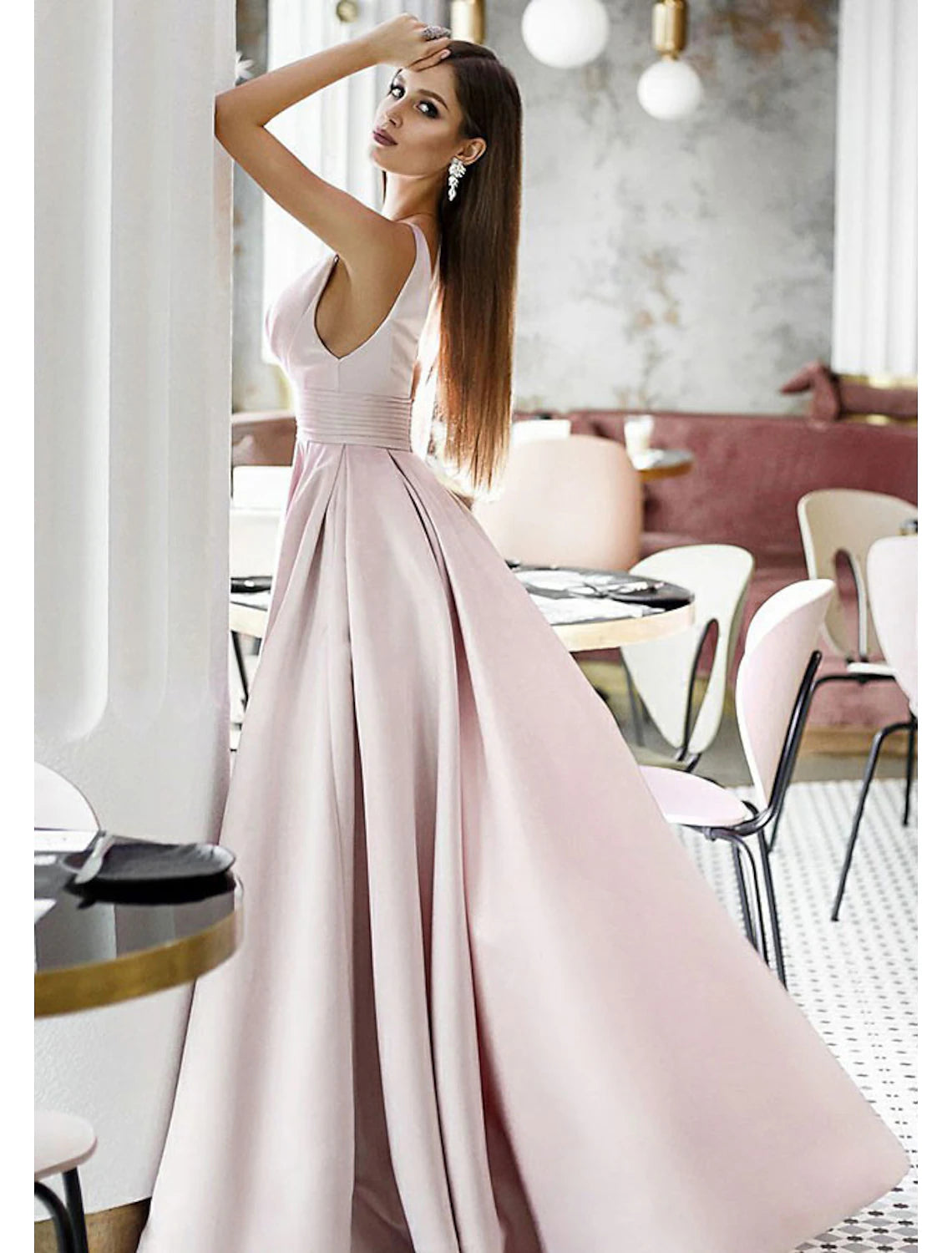 A-Line Elegant Engagement Formal Evening Dress V Neck Sleeveless Sweep / Brush Train Satin with Pleats