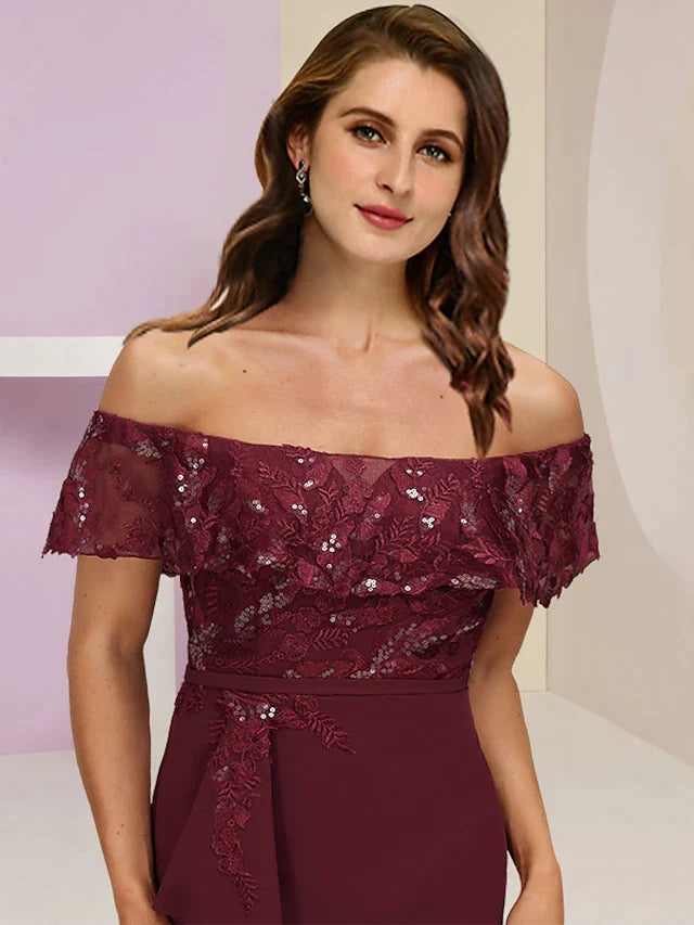 Plus Size Curve Mother of the Bride Dress Wedding Guest Party Elegant Off Shoulder Floor Length Chiffon Lace Short Sleeve with Sequin Ruffles