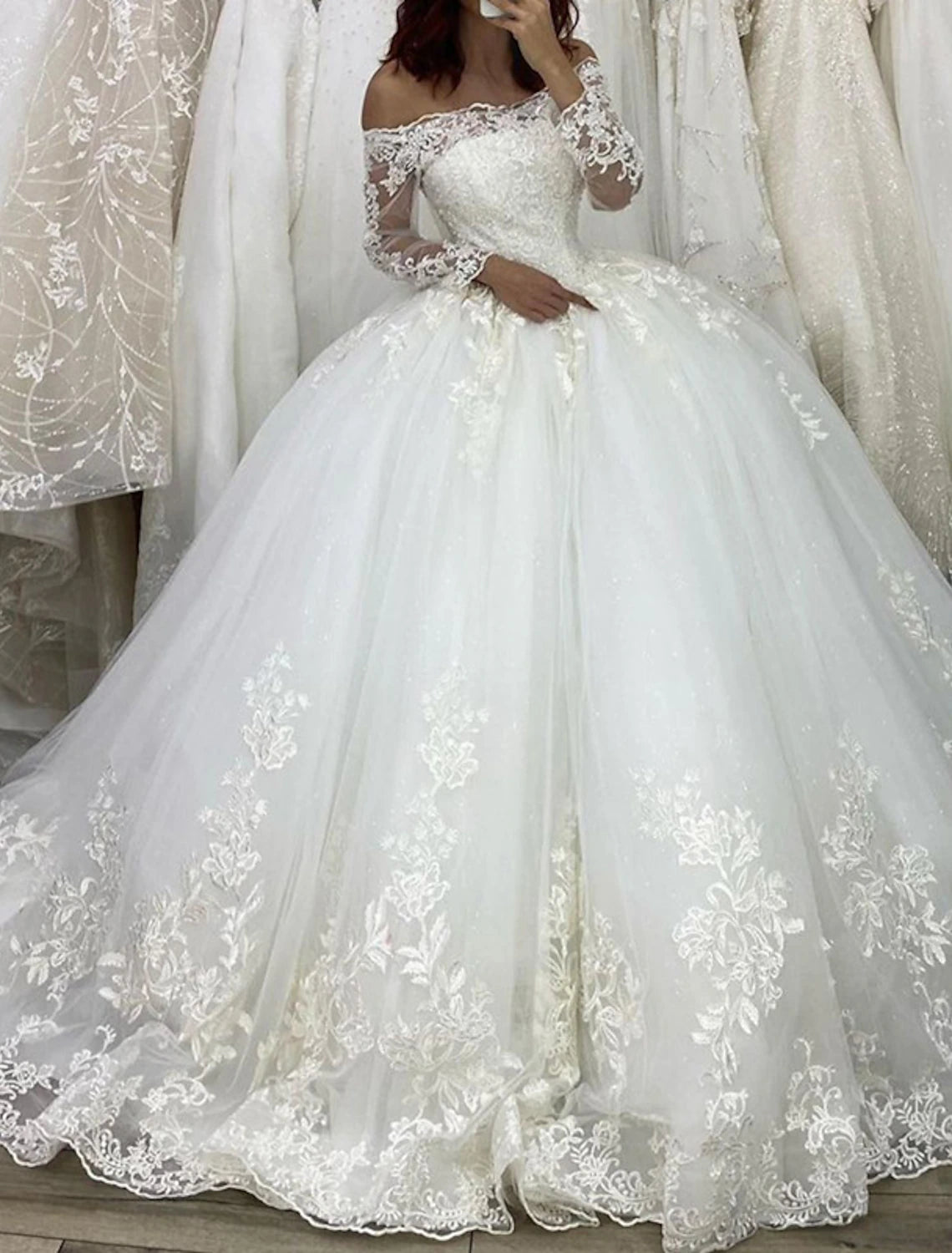 Engagement Fall Formal Wedding Dresses Ball Gown Off Shoulder Long Sleeve Chapel Train Lace Bridal Gowns With Appliques Summer Wedding Party, Women‘s Clothing