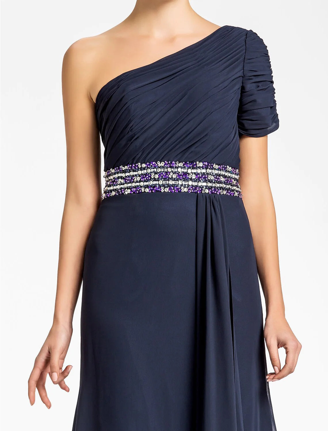 Sheath / Column Mother of the Bride Dress Sparkle & Shine One Shoulder Floor Length Chiffon Short Sleeve with Beading Draping Side Draping