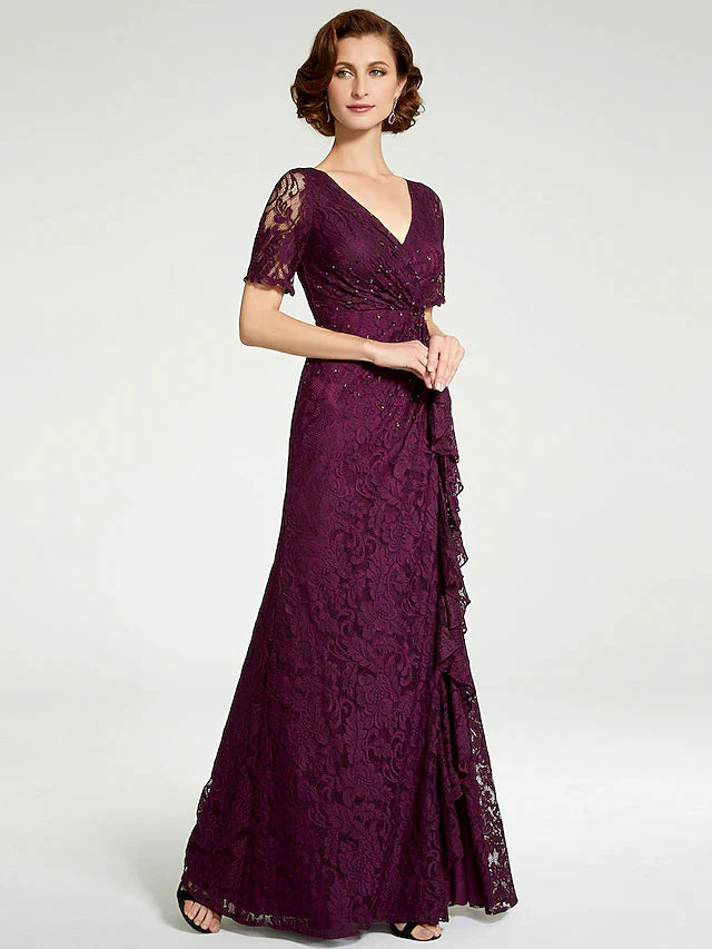 DingjiSheath / Column Mother of the Bride Dress V Neck Floor Length Lace Short Sleeve with Lace Beading