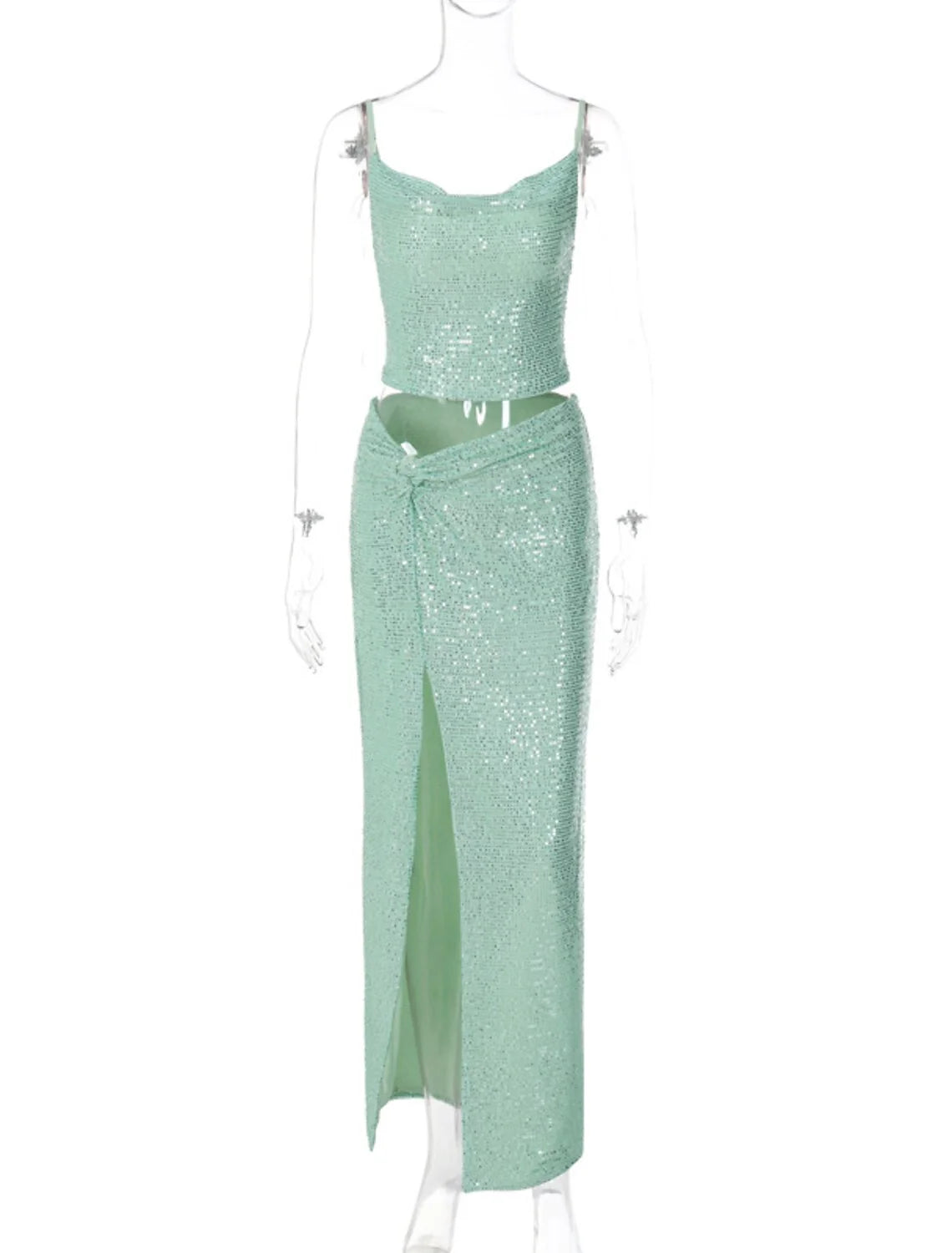 DingjiTwo Piece Party Dresses Sparkle & Shine Dress Party Wear Wedding Party Floor Length Sleeveless Spaghetti Strap Polyester with Sequin Slit