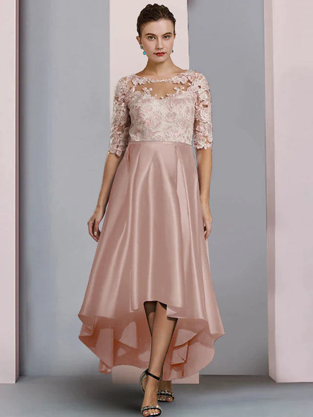 Sheath / Column Mother of the Bride Dress Wedding Guest Party Elegant Scoop Neck Asymmetrical Satin Lace Half Sleeve with Pleats