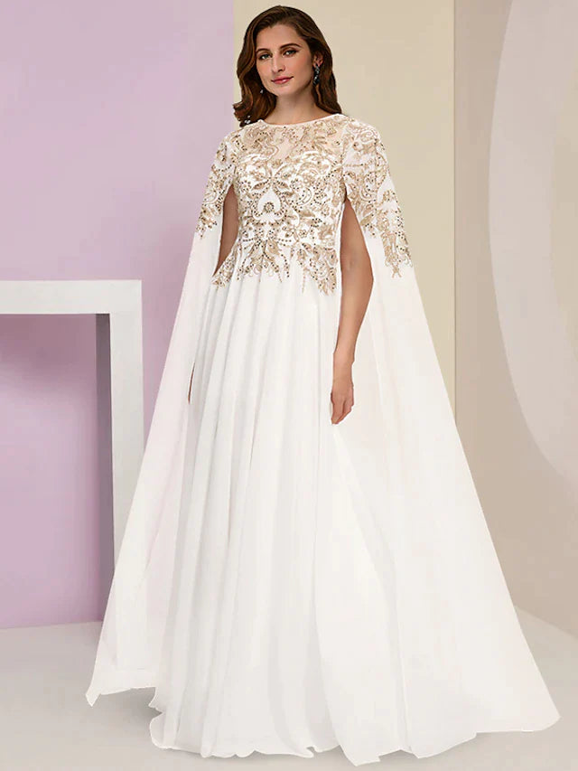 Plus Size Curve Mother of the Bride Dress Wedding Guest Party Luxurious Jewel Neck Floor Length Chiffon Lace Sequined Long Sleeve with Pleats