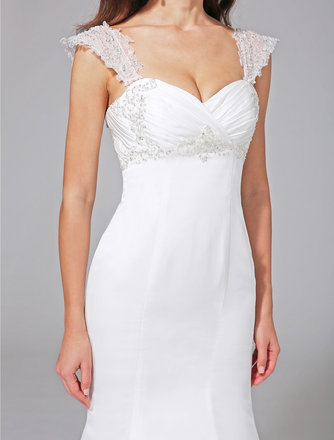 Wedding Dresses Mermaid / Trumpet Sweetheart Cap Sleeve Court Train Satin Bridal Gowns With Beading Criss-Cross