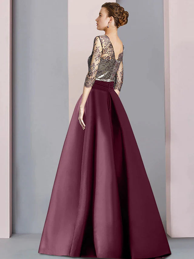 DingjiA-Line Mother of the Bride Dress Wedding Guest Elegant Square Neck Floor Length Satin Lace Half Sleeve with Split Front Ruching