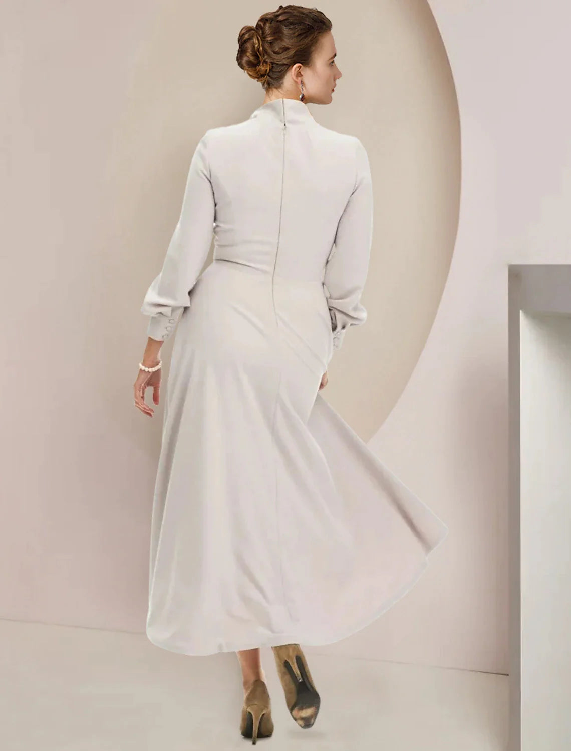 A-Line Mother of the Bride Dress Formal Wedding Guest Party Elegant High Neck Asymmetrical Tea Length Stretch Chiffon Long Sleeve with Bow(s)