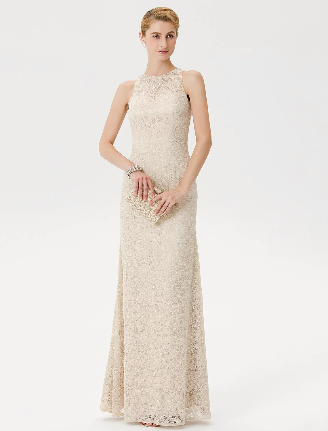 Sheath / Column Mother of the Bride Dress Elegant See Through Illusion Neck Floor Length Lace Sleeveless with Crystals Beading