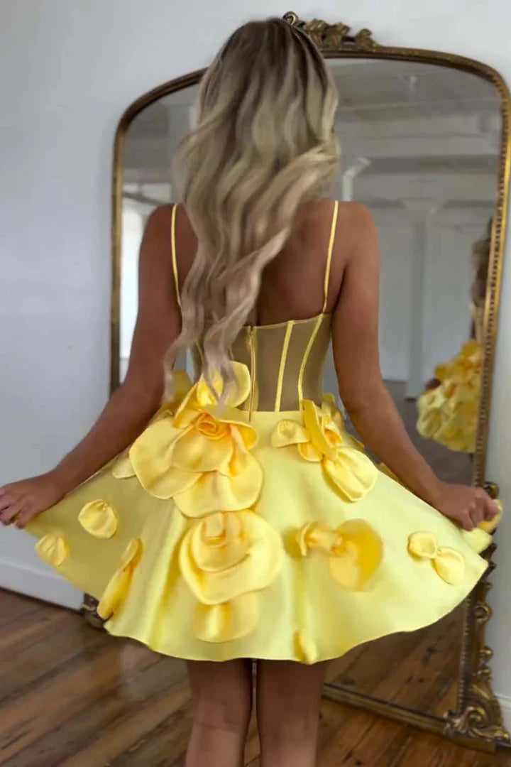 A-Line Sheer Corset Bodice Flowers Homecoming Dress