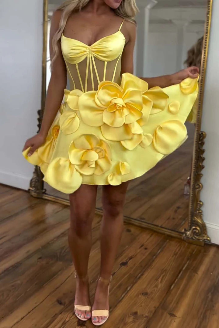 A-Line Sheer Corset Bodice Flowers Homecoming Dress