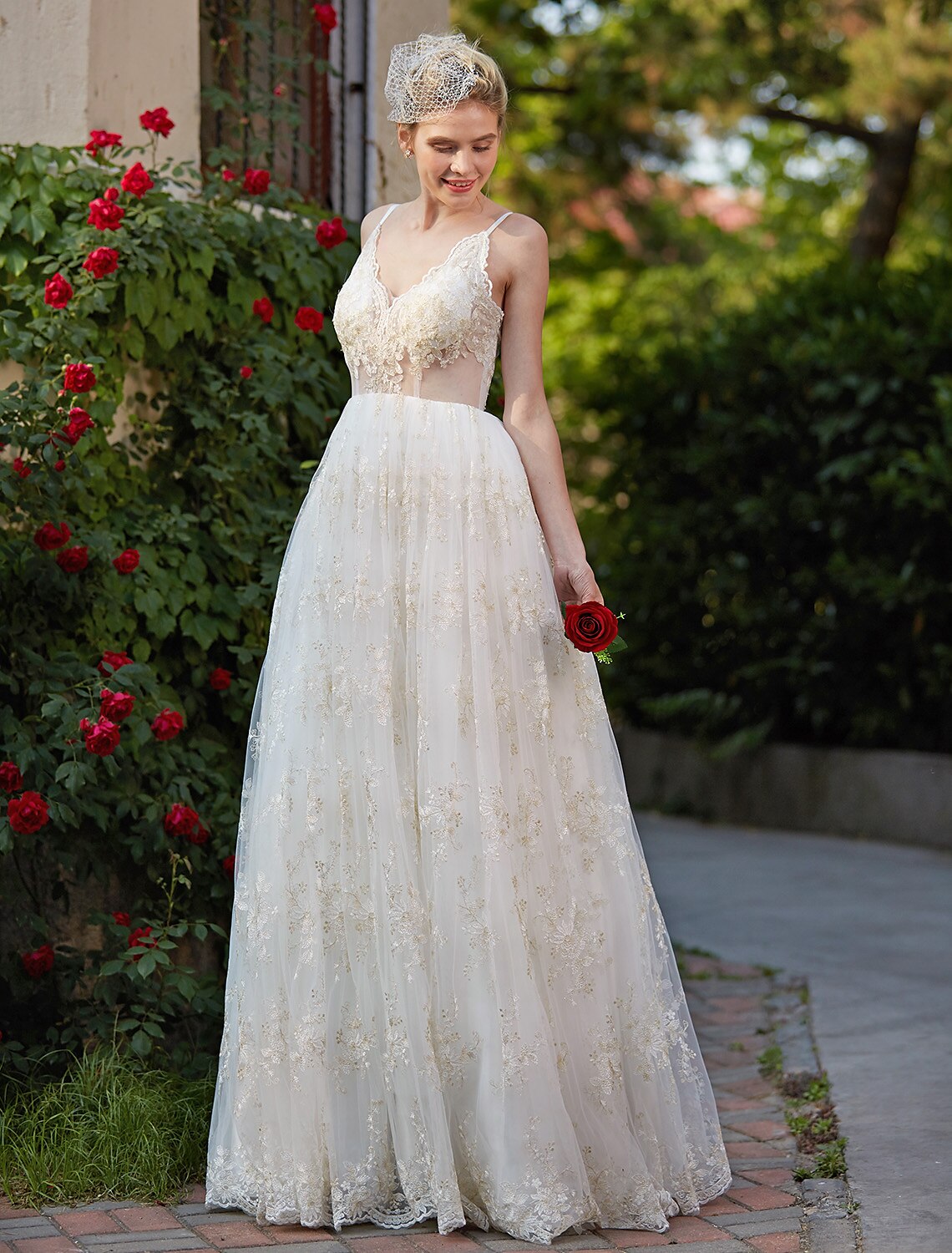 Wedding Dresses A-Line V Neck Sleeveless Floor Length Lace Bridal Gowns With Appliques