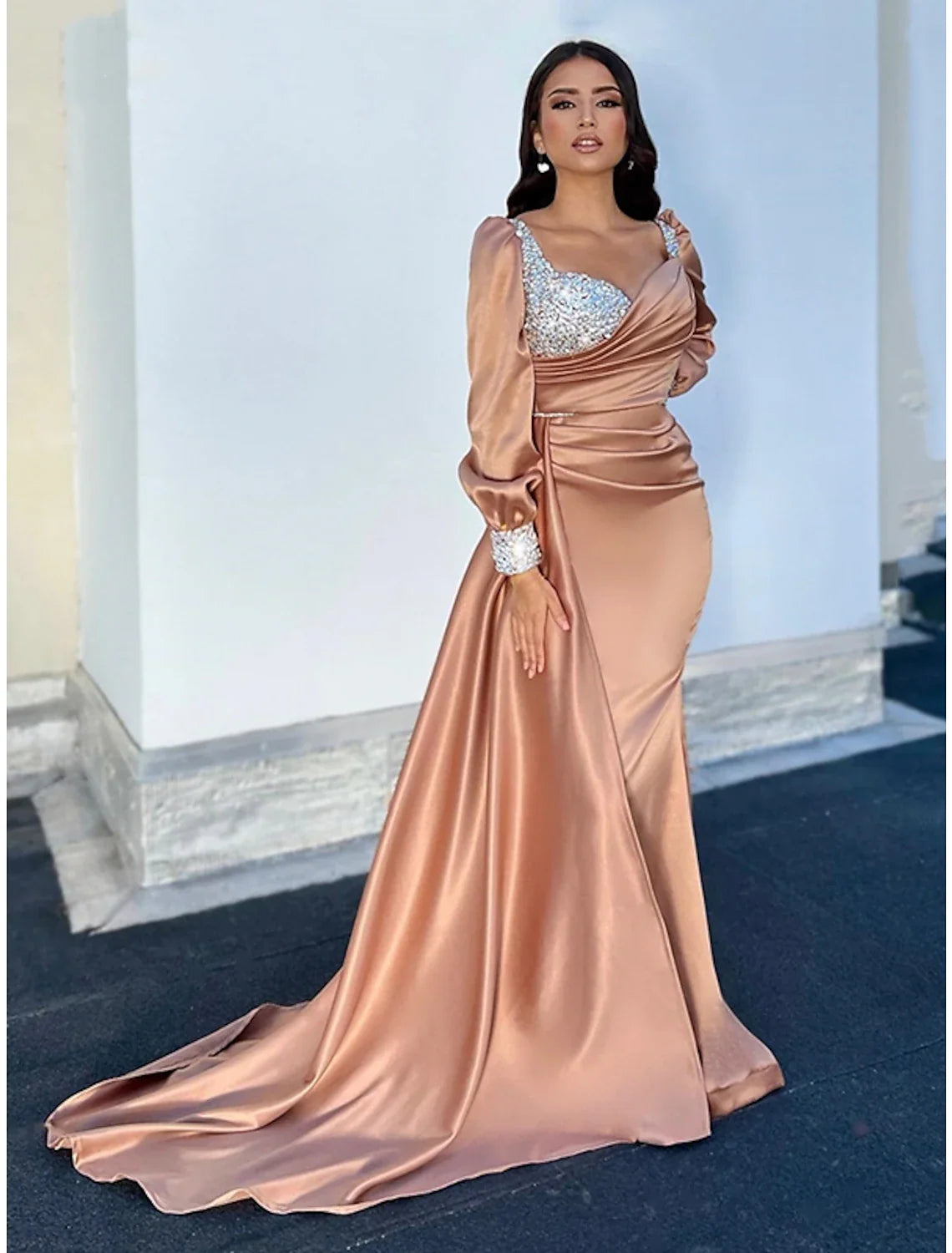 DingjiA-Line Evening Gown Sparkle & Shine Dress Formal Fall Court Train Long Sleeve Square Neck Satin with Glitter Ruched