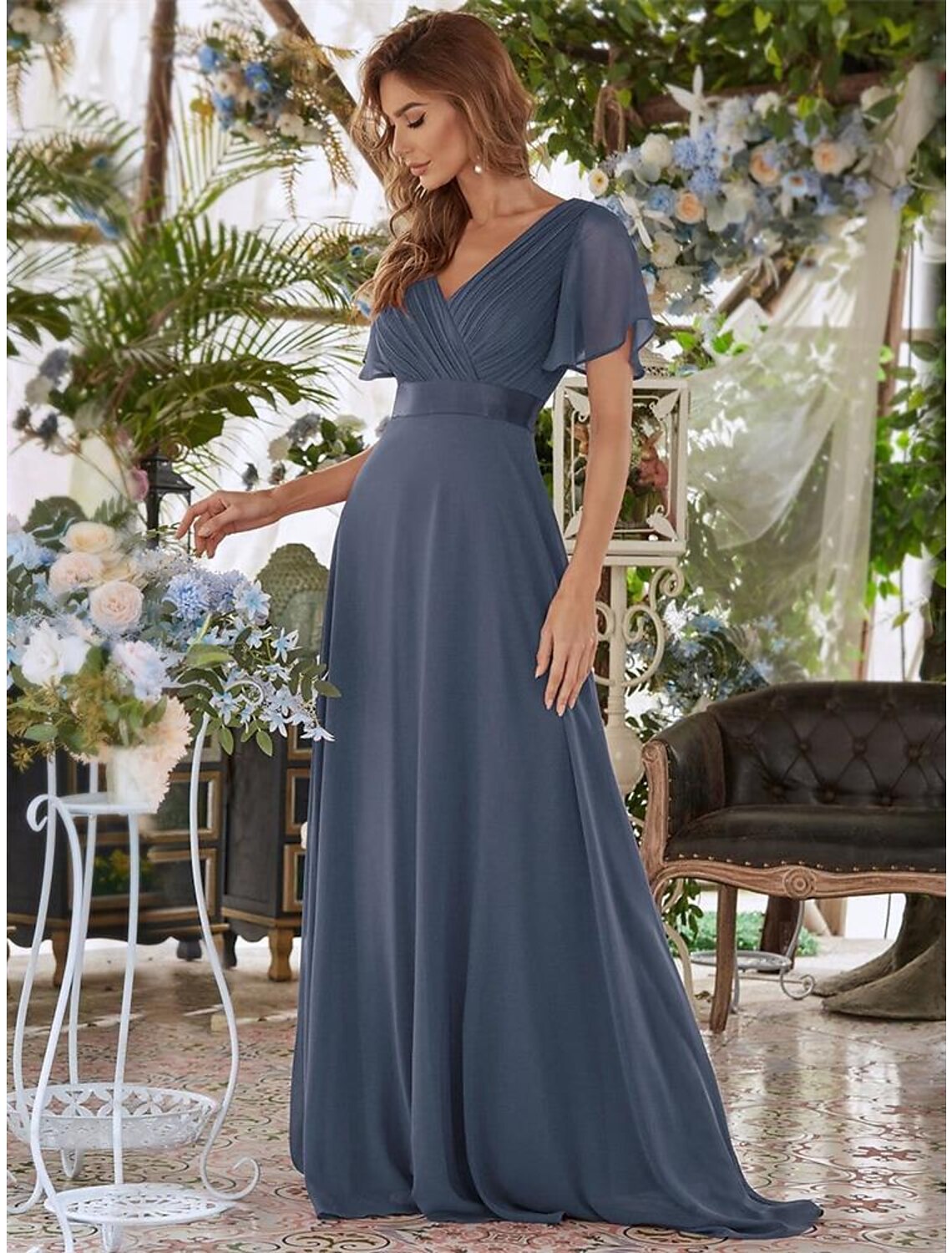 A-Line Evening Gown Empire Dress Wedding Guest Floor Length Short Sleeve V Neck Chiffon V Back with Ruffles Pure Color