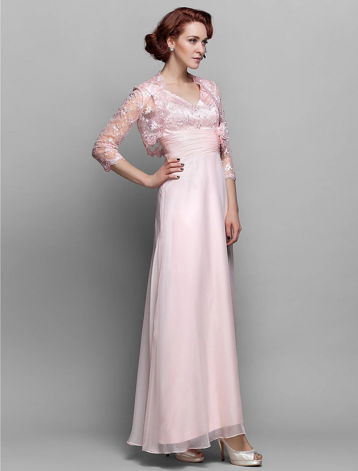 DingjiSheath / Column Mother of the Bride Dress V Neck Ankle Length Chiffon Lace 3/4 Length Sleeve with Bow(s) Ruched