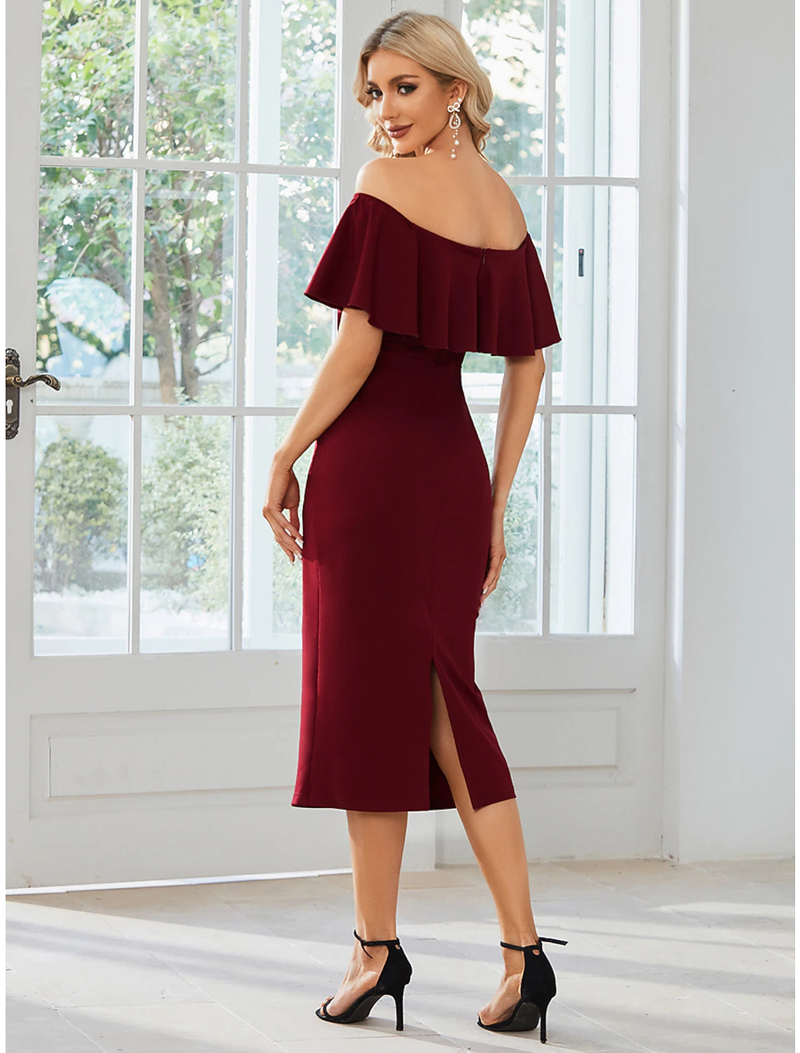 Sheath / Column Wedding Guest Dresses Minimalist Dress Party Wear Tea Length Short Sleeve Off Shoulder Stretch Fabric with Slit Pure Color