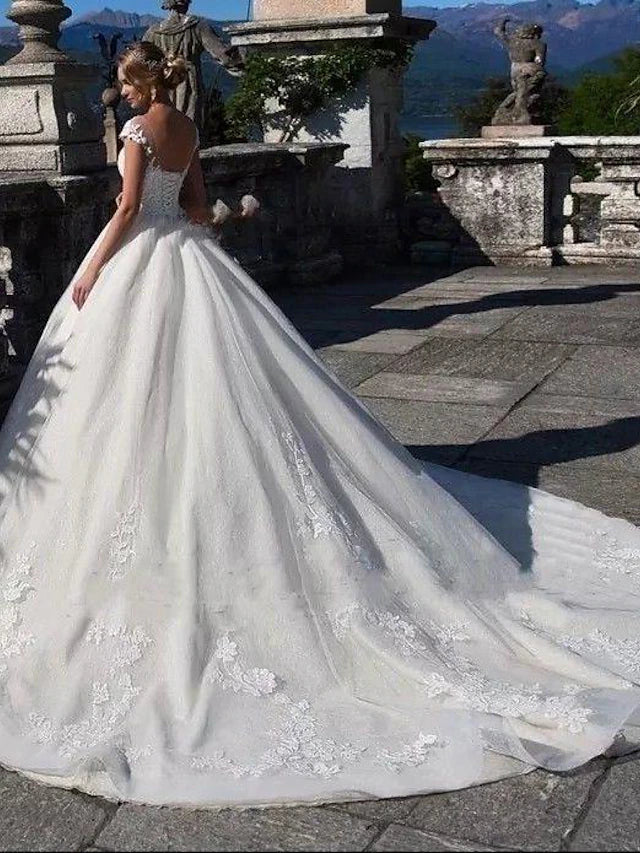 DingjiEngagement Open Back Sexy Formal Wedding Dresses Chapel Train Ball Gown Cap Sleeve Illusion Neck Lace With Appliques