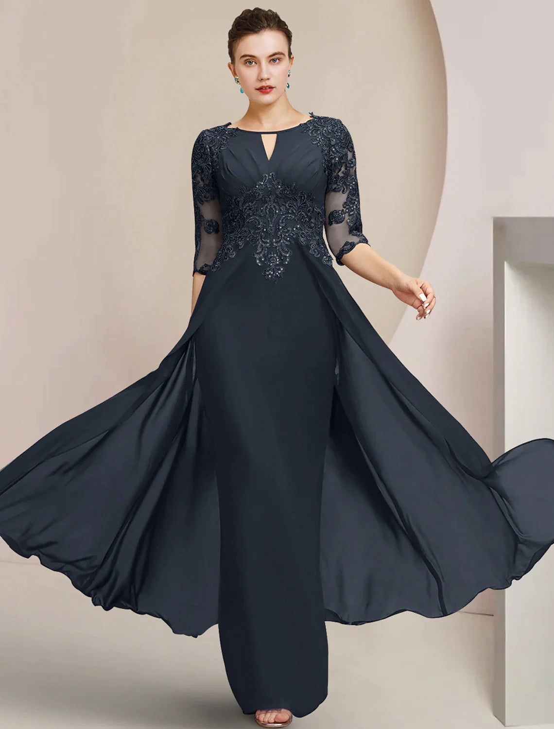 Sheath / Column Mother of the Bride Dress Formal Wedding Guest Elegant Scoop Neck Floor Length Chiffon Lace Half Sleeve with Sequin Appliques